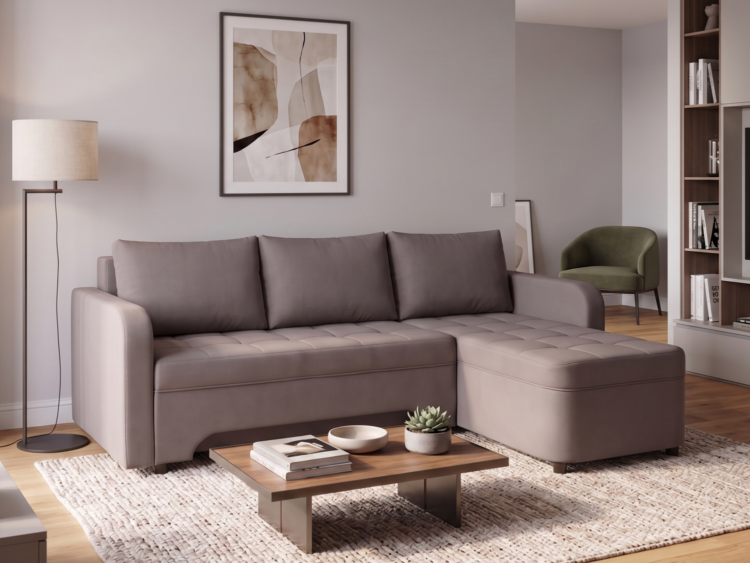 Modern neutral-toned living room with a large beige sectional sofa and matching tufted ottoman, a wooden coffee table, and a textured rug.