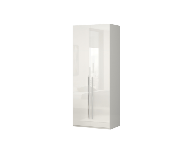White tall wardrobe with glass-front doors and long vertical handles.