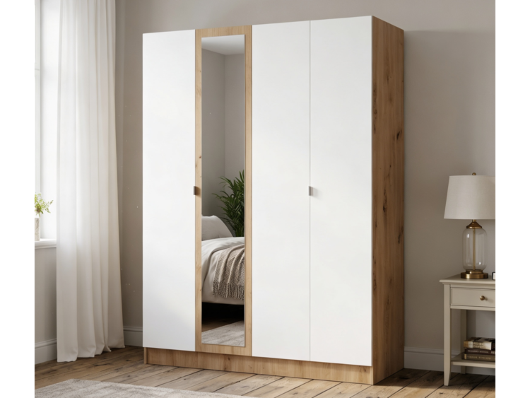 Modern wardrobe with white doors and natural wood frame, including a full-length mirrored panel reflecting a bed and greenery in the room.