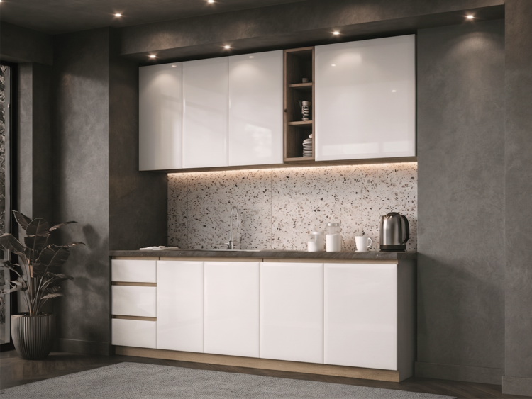 Modern kitchen with white glossy cabinets, terrazzo backsplash, and a stainless sink under subtle lighting.