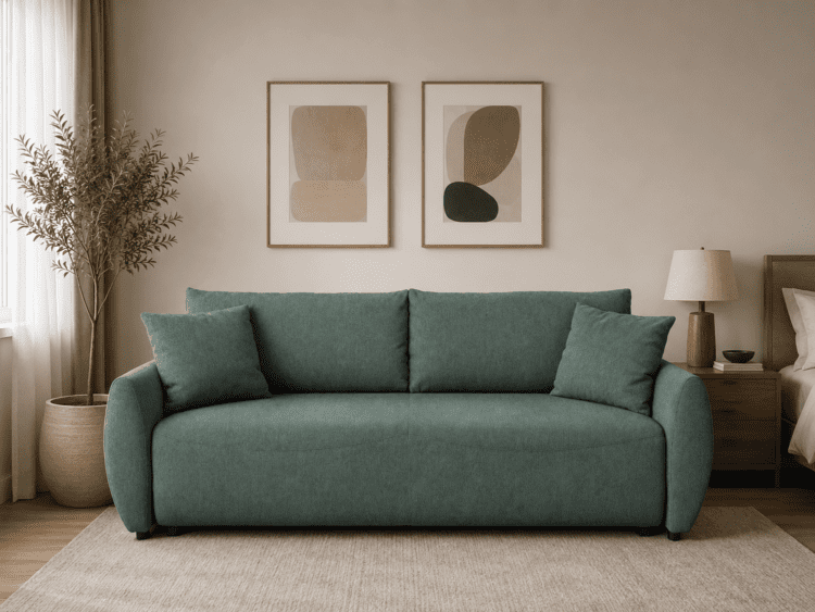 Teal sofa with two matching cushions in a neutral living room, beige walls, and abstract art above. A plant left and a wooden nightstand with a lamp sit to the right.
