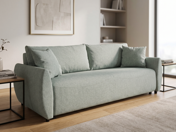 Light gray/green sofa with two cushions in a minimal living room with wood flooring and shelves seen in the background.