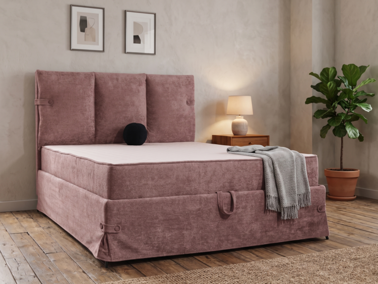 Pink upholstered bed with a tall padded headboard and matching footboard in a cozy bedroom, a nightstand with a lamp beside it, and a gray throw blanket draped over the foot. A potted plant sits in the corner, and two framed pictures hang on the wall above the bed.