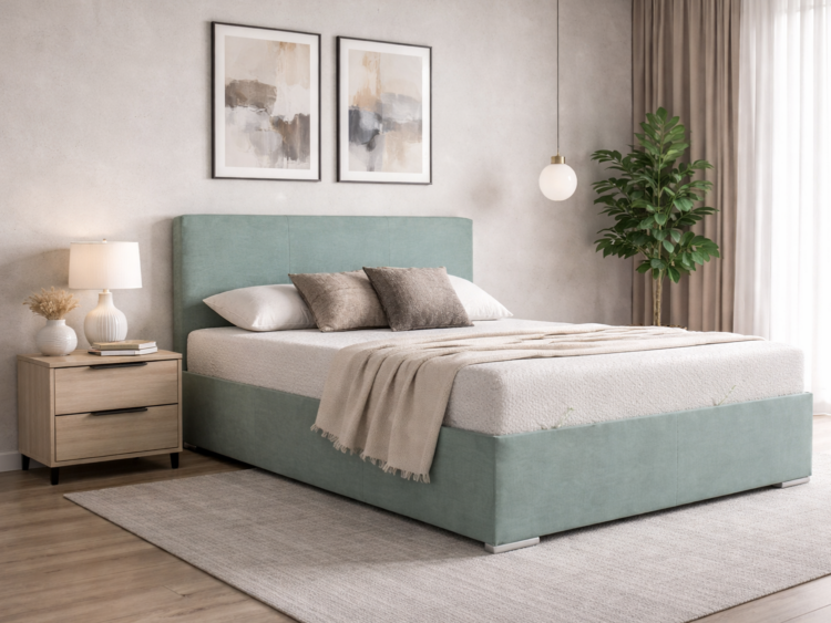 A modern bedroom with a teal upholstered bed, beige bedding, and two abstract framed artworks above the headboard.