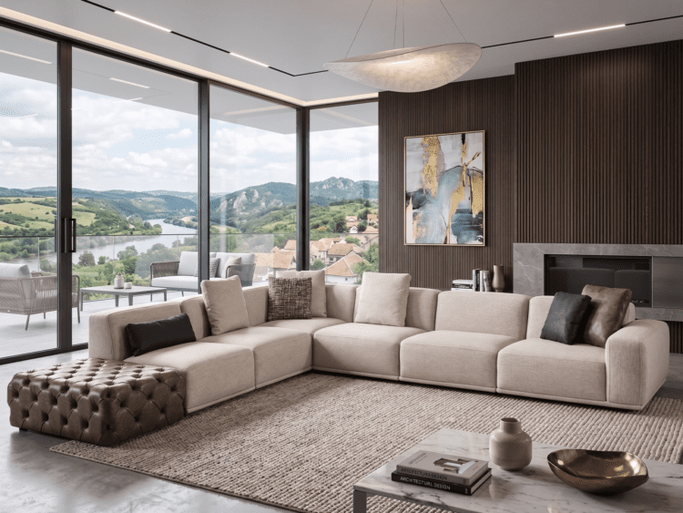 Open-concept living room with a beige sectional sofa, a tufted brown ottoman, and a marble coffee table by a wood-paneled wall and fireplace