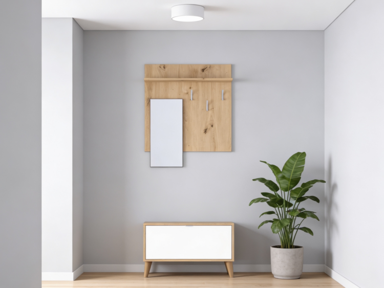 Entryway scene: gray walls with a wood coat rack, a tall leaning mirror, a small wooden console, ceiling light, and a potted plant nearby.