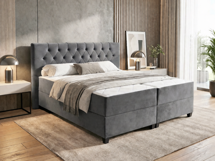 Grey upholstered king-size bed with tufted headboard in a contemporary bedroom setting