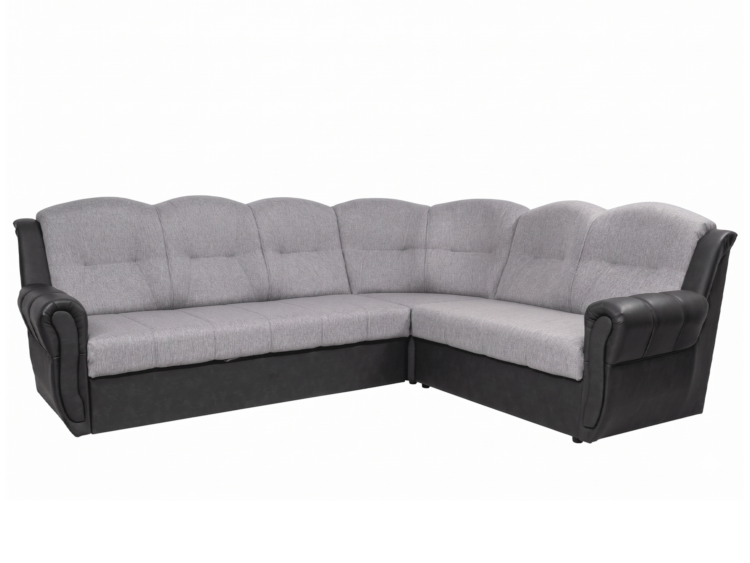 L-shaped sectional sofa with light gray fabric cushions and dark leather-arm accents on a black base