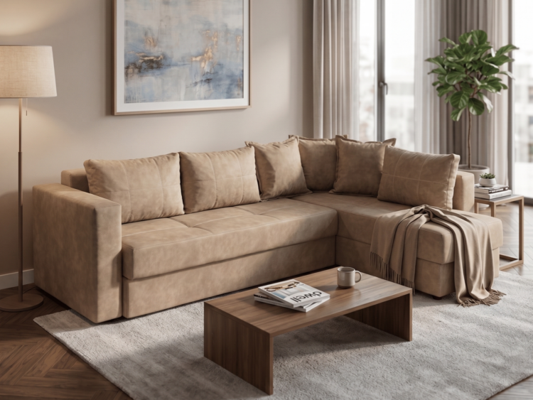 Beige sectional sofa with cushions and a draped throw in a modern living room.