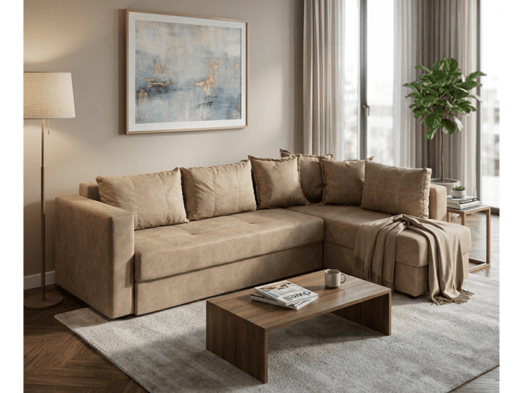 Beige sectional sofa with cushions in a modern living room featuring a wooden coffee table and abstract artwork.