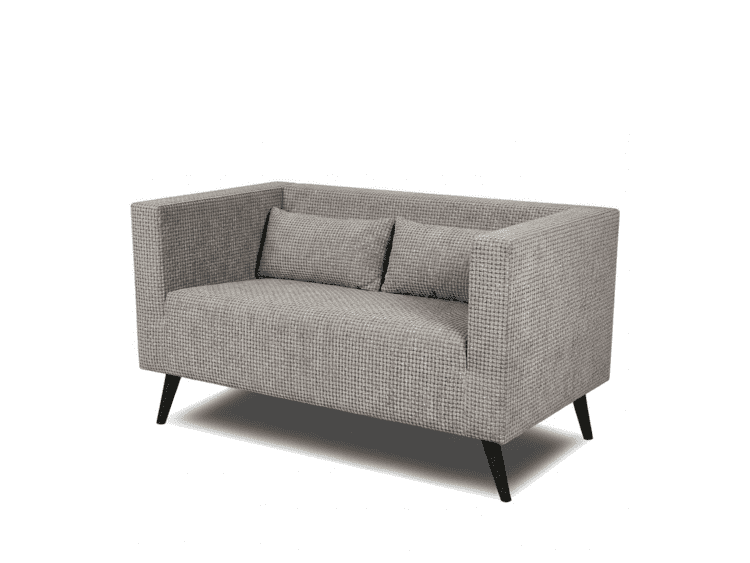 Gray textured fabric two-seater sofa with two matching cushions and black tapered legs on a white background.