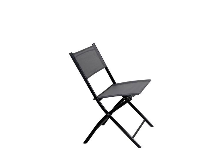 Black folding chair with mesh back and seat, metal frame, shown unfolded at an angle.
