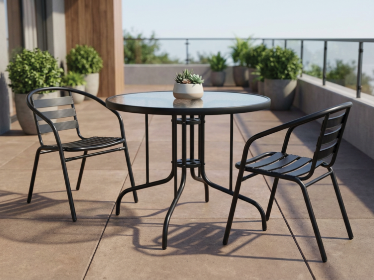 Round glass-top patio table with a small succulent planter, flanked by two black metal chairs on a tiled balcony.