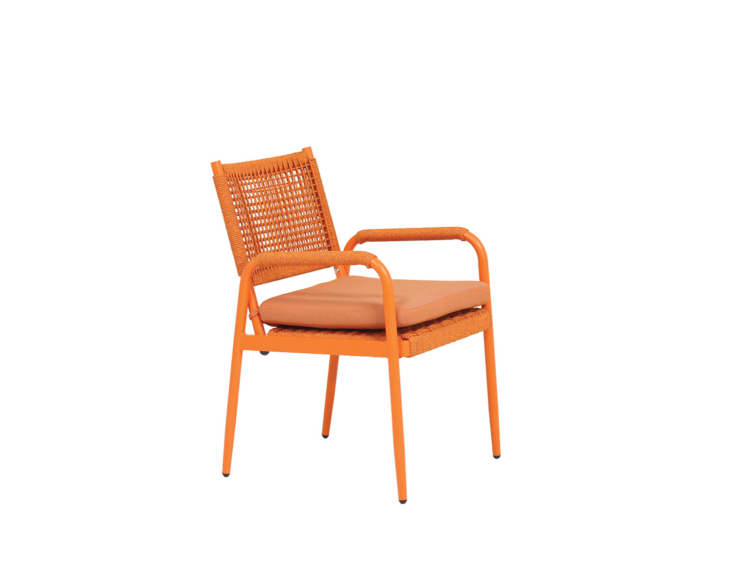 Orange metal patio chair with a woven back and a cushioned seat.
