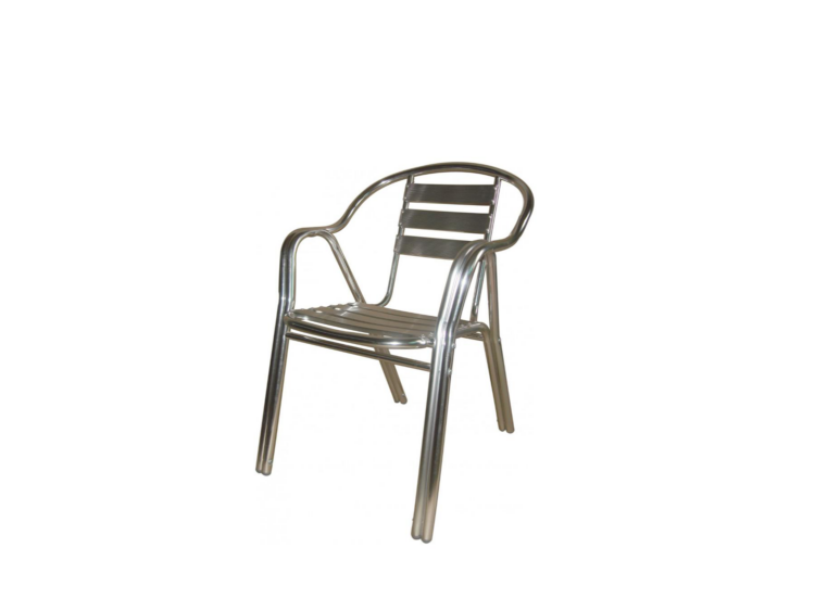 Metal chair with curved armrests and slatted seat/back, isolated on white background.