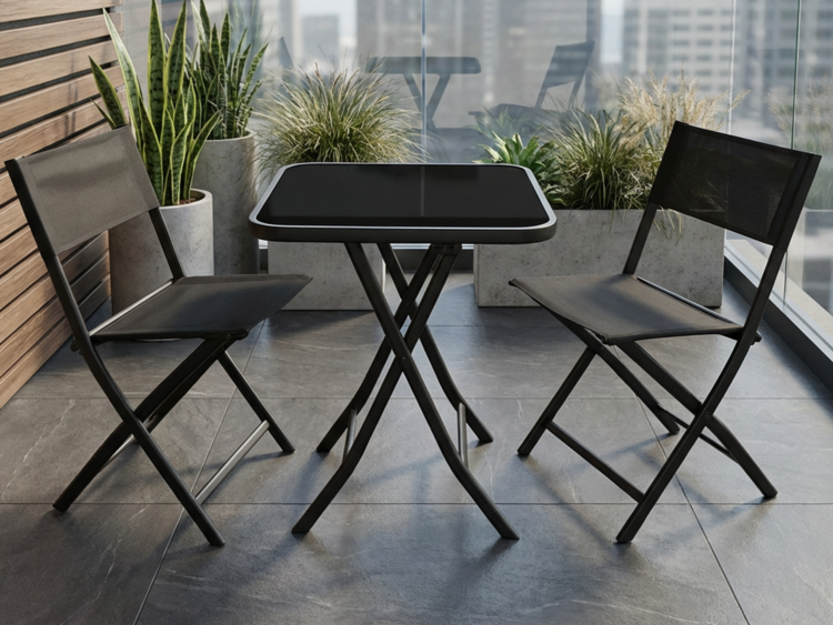 Modern balcony seating with a black glass-top table and two folding chairs, surrounded by potted plants on a tiled floor in a high-rise setting.