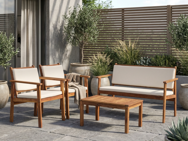 Outdoor patio seating with wooden frame chairs and a matching coffee table on a stone patio, potted plants in background.