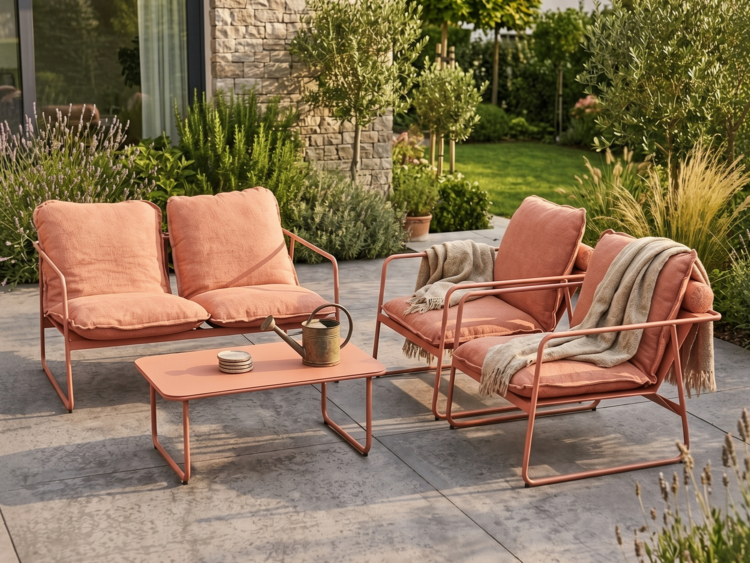 Outdoor patio with coral pink metal-framed sofa set and a matching coffee table on a stone patio, greenery in the background.