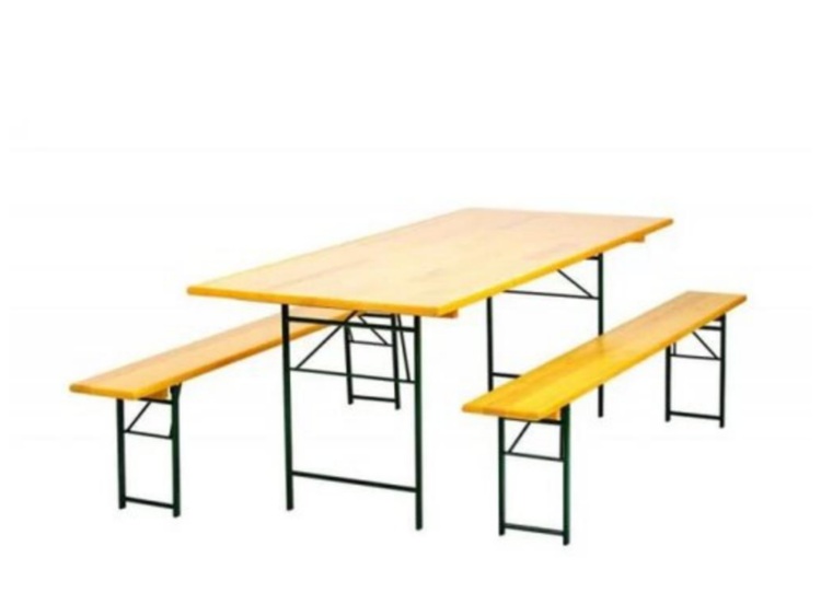 Wooden picnic table with two long benches on a black metal frame.