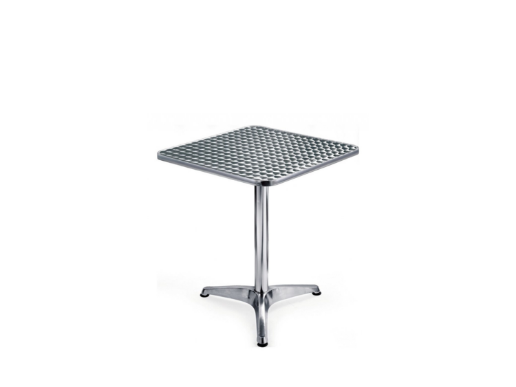 Square metal table with a perforated grid top on a chrome pedestal and three-pronged base.