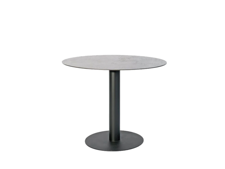 Round marble tabletop supported by a single black metal pedestal and circular base, forming a small accent table