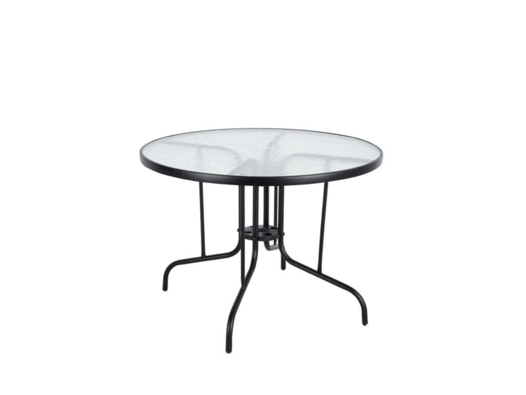 Round glass-top table with black metal frame and curved legs, outdoor patio style.