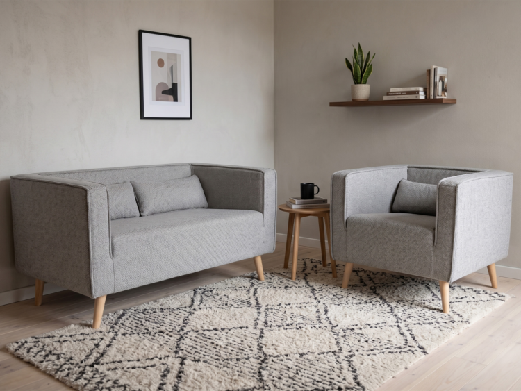 Two gray armchairs facing each other with a small round table and mug between them in a cozy living room.