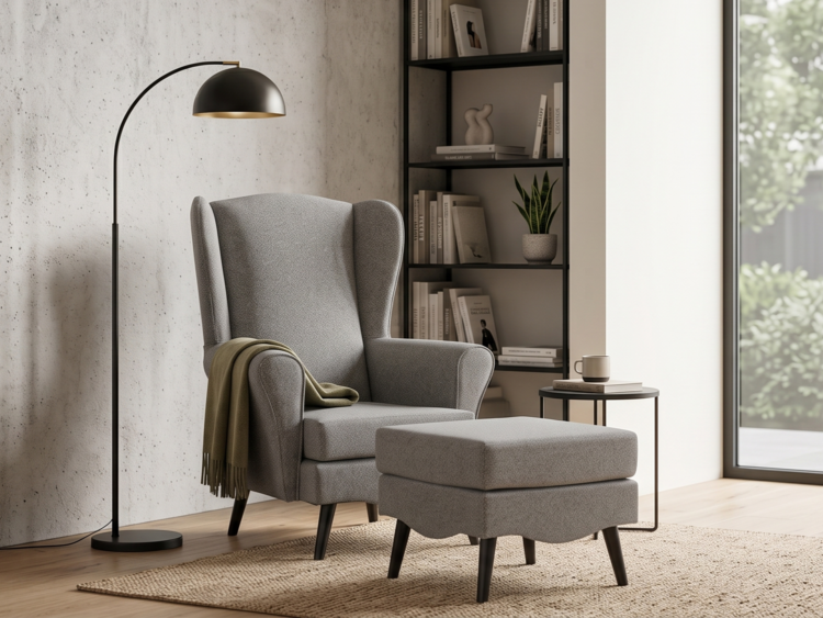 Cozy reading corner with a gray armchair and matching ottoman, floor lamp, and a bookshelf by a large window.
