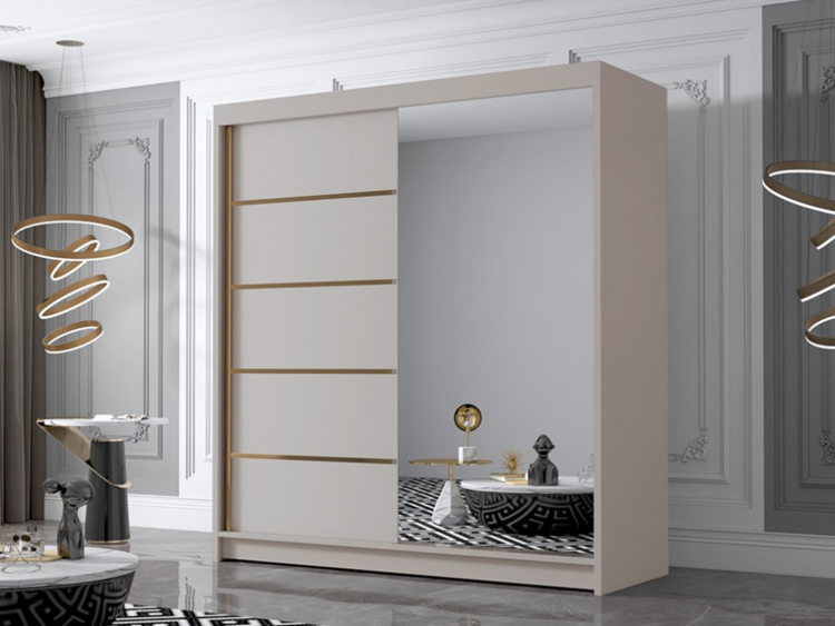 Beige modern wardrobe with a sliding panel on the left and a large mirror at the bottom right, shown in a luxurious showroom.