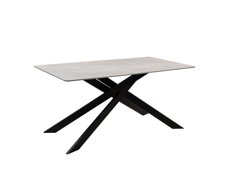 Rectangular marble-top table with black crisscross legs in a modern design.
