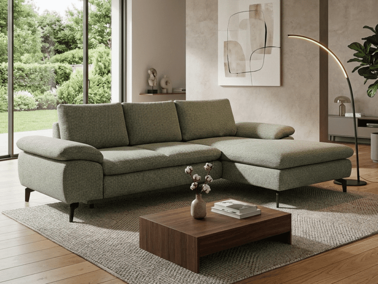 Light green sectional sofa with chaise in a bright living room, large windows showing a green garden outside.
