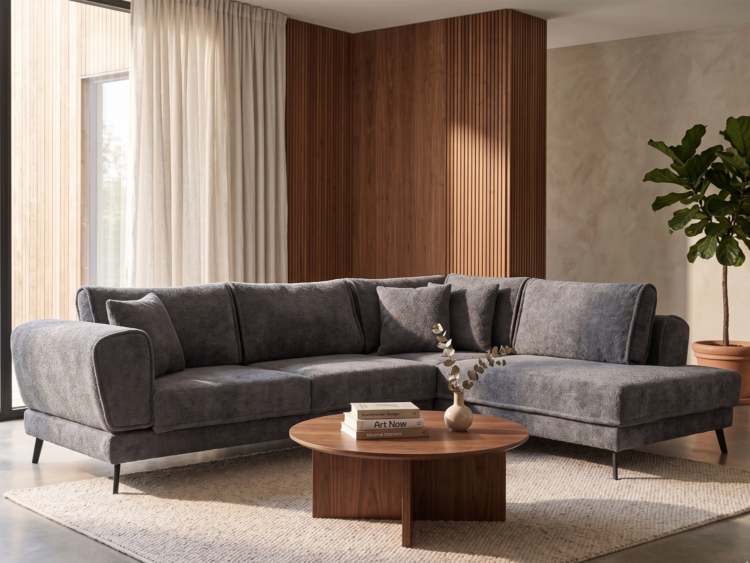 Gray sectional sofa in a modern living room with a round wooden coffee table and a potted plant.