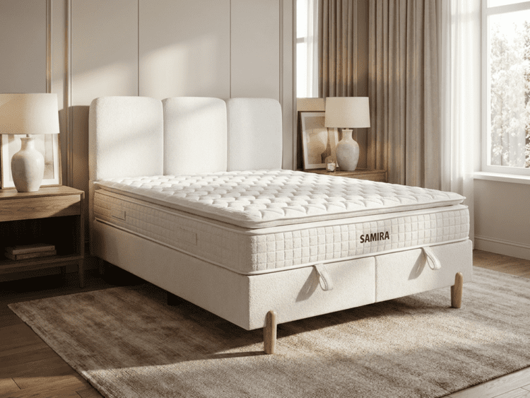 White upholstered bed with tufted headboard and a padded Samira mattress in a neutral-toned bedroom.