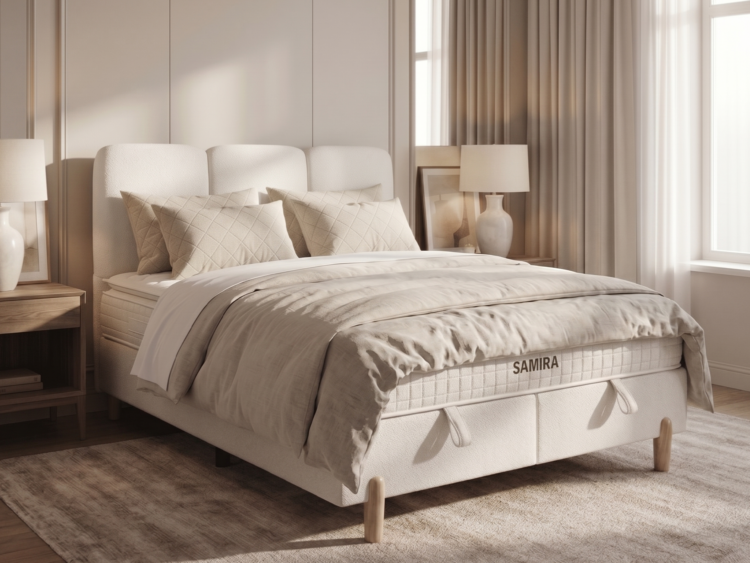 Neutral-toned bedroom with a beige upholstered bed, quilts, and two matching nightstands with lamps on either side.