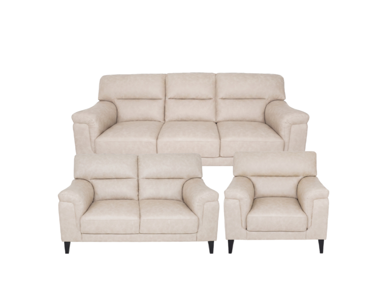 Beige fabric living-room sofa set: a three-seat sofa with two matching armchairs on a white background.