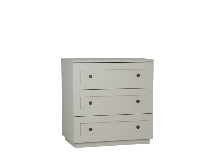Cream-colored, four-drawer dresser with round metal knobs for bedroom storage