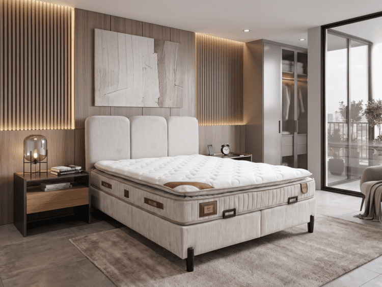 Luxurious bedroom with a large tufted bed, wooden paneled wall, and warm ambient lighting along the panels.