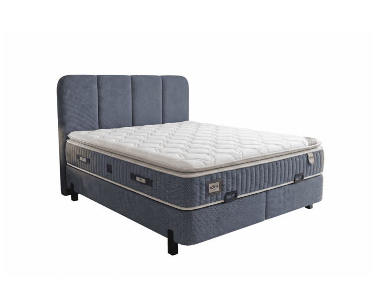 Blue upholstered bed with a tall, padded headboard and a thick white mattress, shown from a slight angle on a white background.