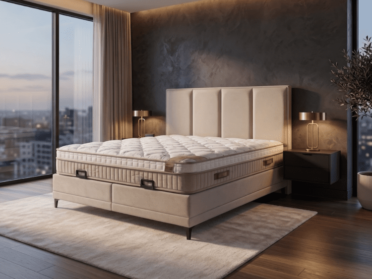 Luxurious modern bedroom with a plush upholstered bed and matching headboard, two nightstands, and warm lamps against a dark accent wall near a large window with city views