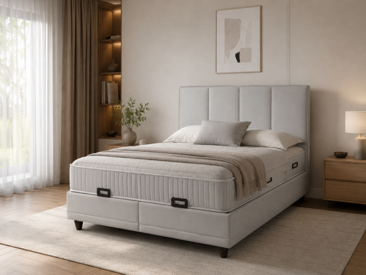 Neutral-toned bedroom featuring an upholstered queen bed with a tall headboard, two wooden nightstands, and sheer curtains.