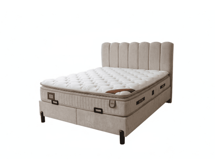 Beige upholstered bed with a tufted headboard and a white tufted mattress on a platform frame with storage drawers underneath.