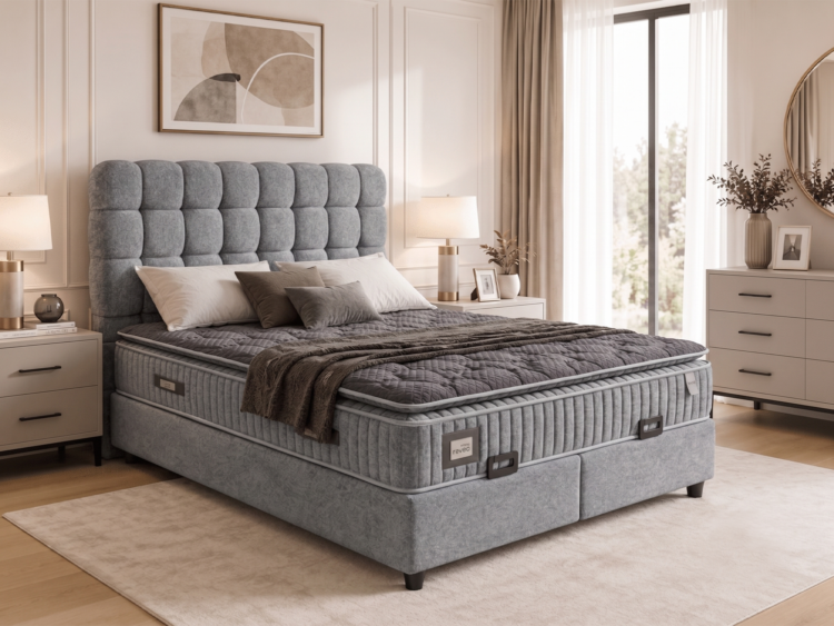 King-size bed with a tall, tufted gray headboard in a serene bedroom with matching nightstands and neutral decor.