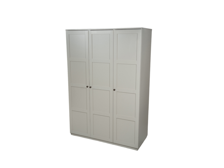 Gray, three-door wardrobe with raised panel doors and small round knobs on each door.