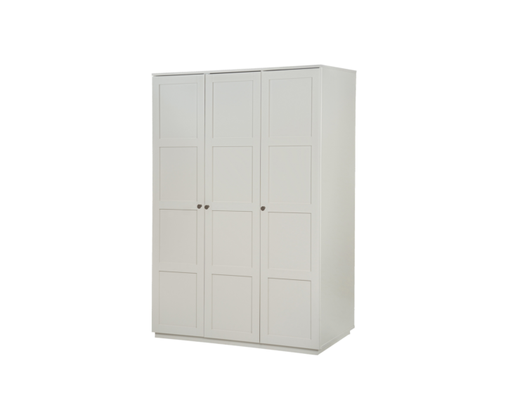 Tall white wardrobe with three paneled doors and small round knobs.