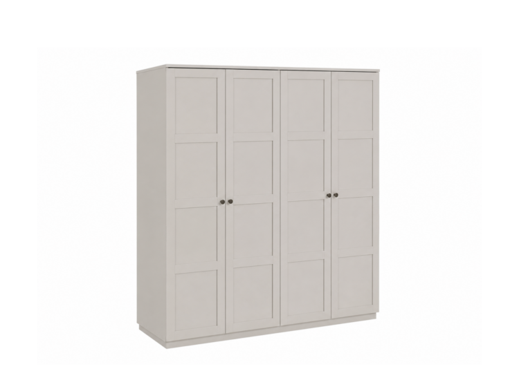 Tall beige wardrobe with four paneled doors and small round knobs, standing on a light base.