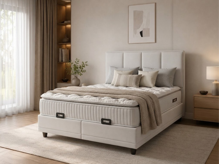 Neutral-toned bedroom with a white upholstered bed, beige bedding, and a wooden nightstand on the right.