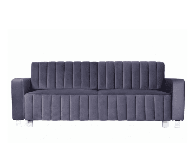 Purple tufted living room sofa with tall vertical channels and metal legs on a white background