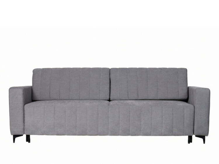 Grey upholstered sofa with two back cushions and squared arms on short black legs.