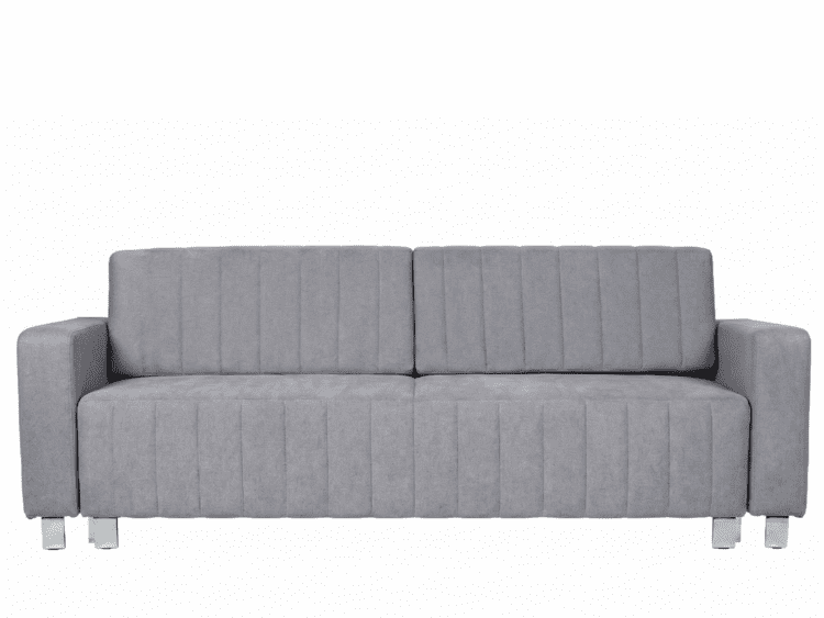 Grey upholstered 3-seat sofa with vertical channel-tufted cushions and metal legs.