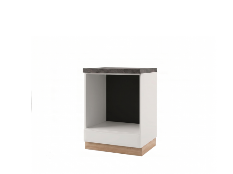 White end table with an open front cavity and a light wood base, featuring a dark top edge.